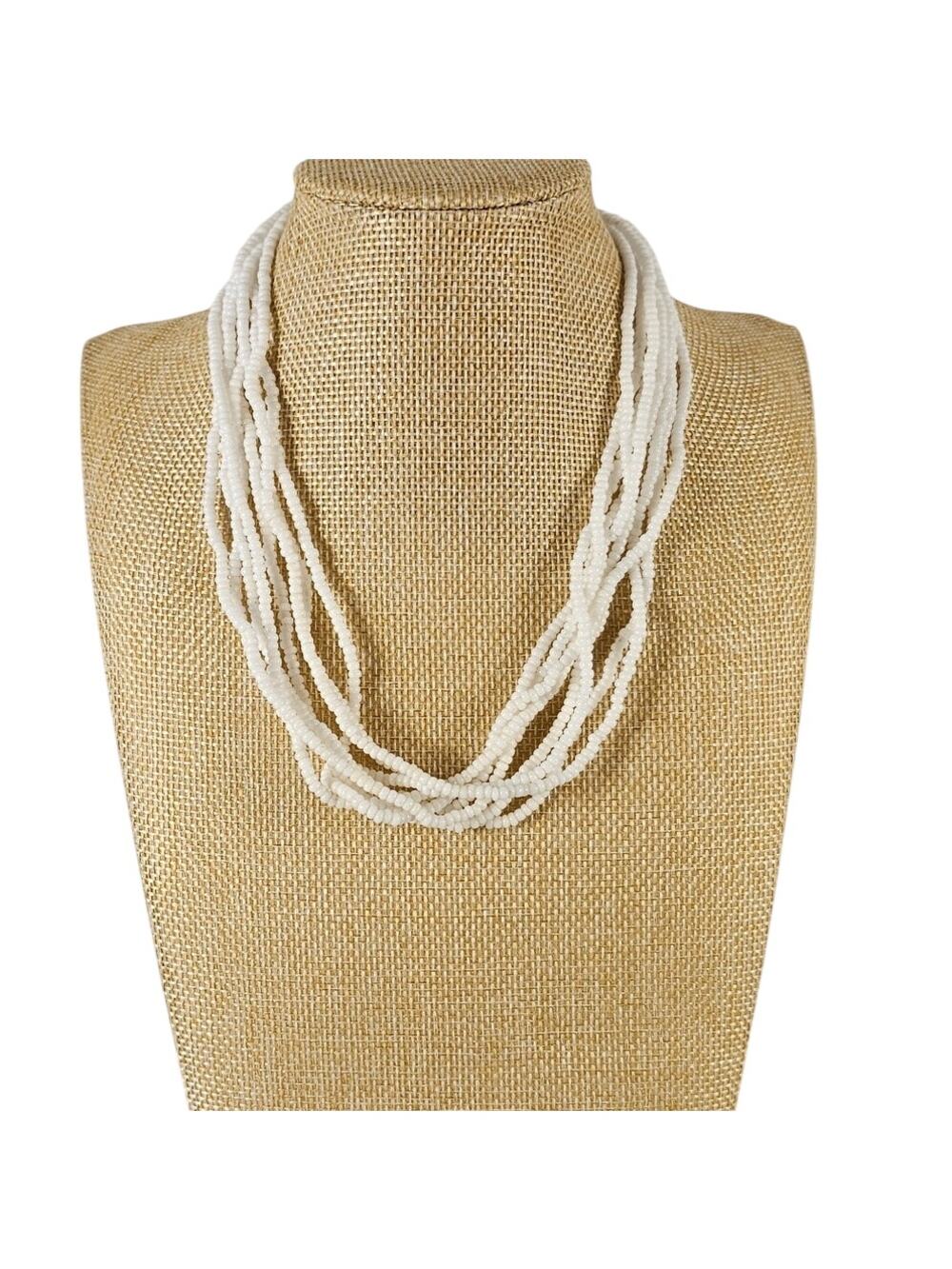 Vintage White Seed Bead Multi Strand Necklace 18” Gold Tone Clasp Boho